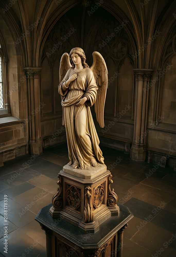Fototapeta premium Spirituality and faith concept, stone angel statue with wings in a gothic cathedral interior, religious art and divine peace in a historic church