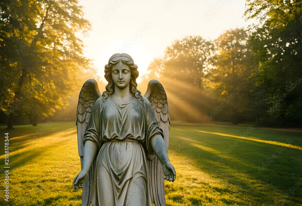 Fototapeta premium Spirituality and peace concept, stone angel statue in a park at sunrise with golden light rays, religious faith and hope in a serene garden setting