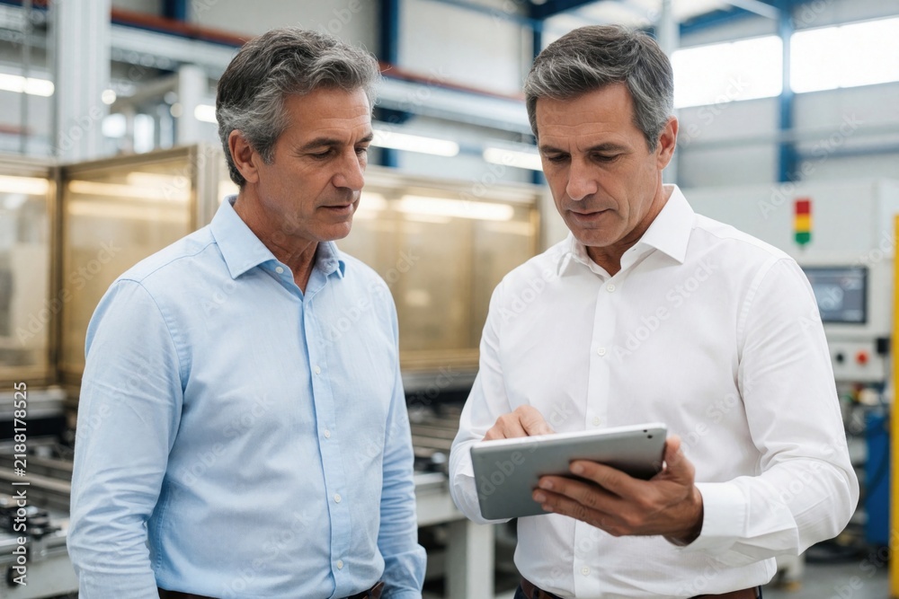 Fototapeta premium Two mature businessmen discuss data on digital tablet in modern factory. Male engineers stand near industrial machinery, analyzing production reports. Senior colleagues use wireless tech for quality