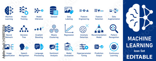 Machine Learning  Icon Set. Editable AI Vector, Neural Network, Data Science, and Deep Learning Symbols for Technology UI Design.