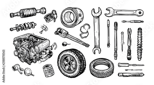 Hand-drawn car parts doodle set with engine, tire, and mechanical tools for auto repair.
