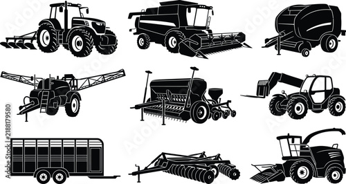 Konstfotografi WebAgricultural machinery silhouettes collection featuring tractor, harvester, b
