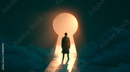 A person wearing a coat stands before a colossal luminescent keyhole. This depiction signifies discovery, optimism, and forthcoming prospects.