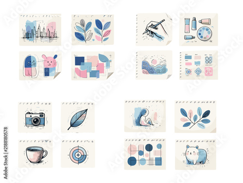 Colorful doodle illustrations of various objects and shapes. Drawing pad perforated tea  