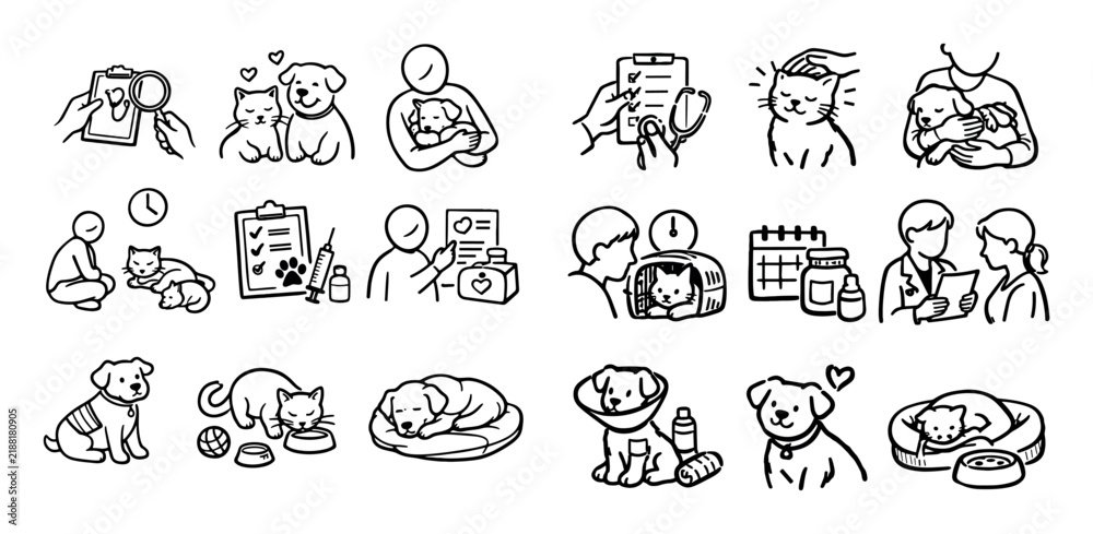Obraz premium Animal microchipping and aftercare icon set with observation moment routine follow up and care guidance for animal health marketing in hand-drawn sketch style