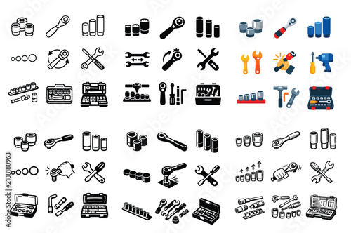 tools and repair UI elements with ratchet wrench, socket set, screwdriver for web design in vector art style
