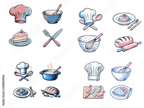 Cooking icons featuring chefs, utensils, and food preparation  