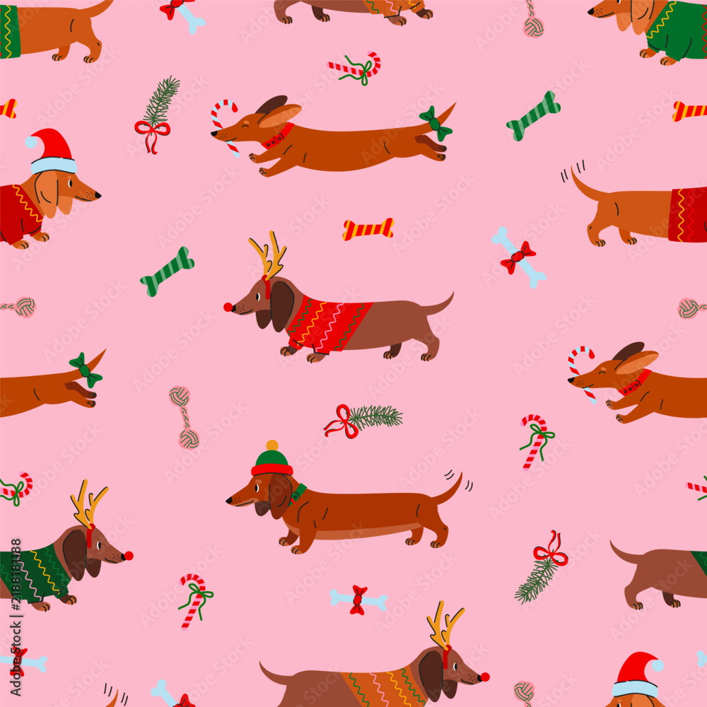 Obraz premium Seamless Christmas pattern with dachshunds in festive attire on pink background. Perfect for holiday designs, gift wrap, or pet products.