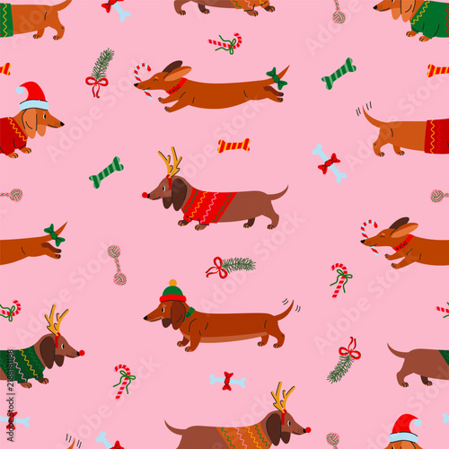 Seamless Christmas pattern with dachshunds in festive attire on pink background. Perfect for holiday designs, gift wrap, or pet products.