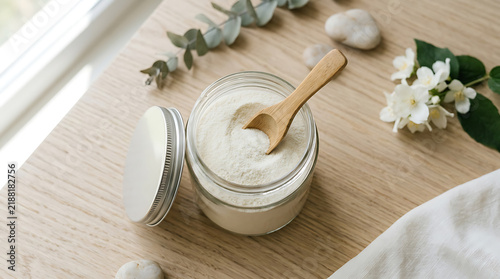 Glass jar of white facial scrub or cream with wooden spoon on wooden surface skincare cosmetic treatment wellness moisturizer exfoliant bathroom
