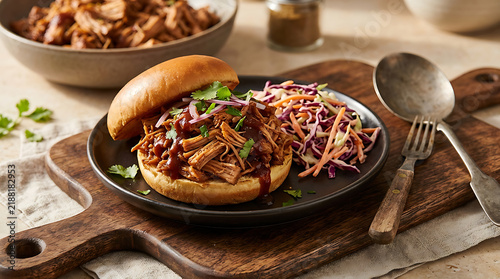 Pulled pork slider sandwich with coleslaw on wooden cutting board sandwich barbecue coleslaw culinary delicious prepared homemade