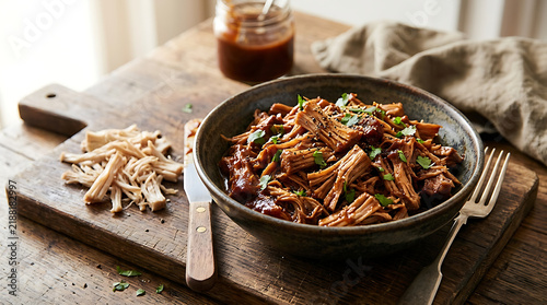 Bowl of shredded barbecue pulled pork with sauce on wooden board barbecue prepared culinary shredded restaurant