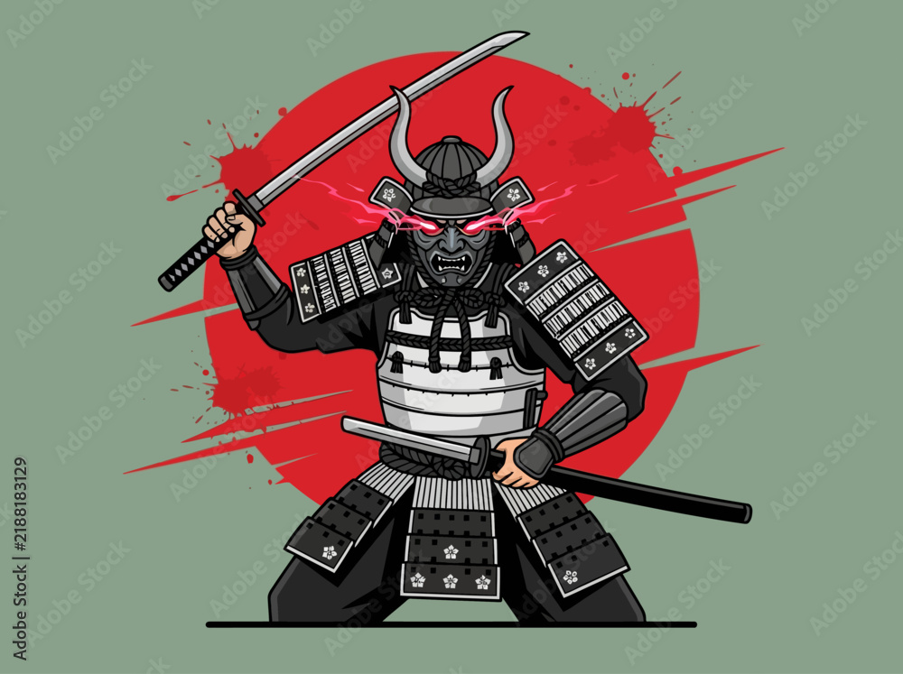 Fototapeta premium Demonic Samurai Warrior with Katanas and Red Sun