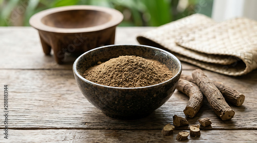 Bowl of dried herbs or roots on wooden table with rustic scoop alternative medicine holistic wellness botanical ingredient preparation aromatic