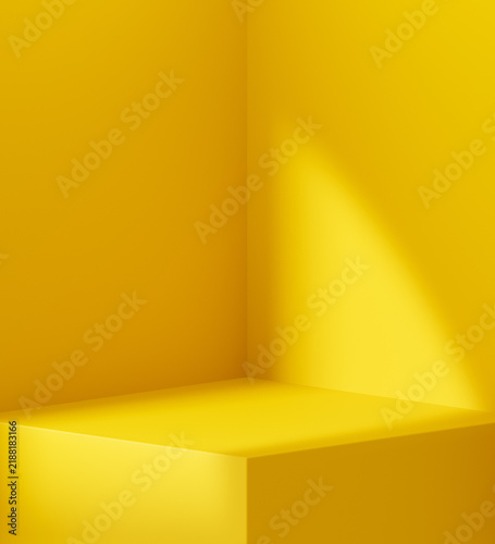 Empty 3D yellow podium display stand background for product mockup presentation with room corner