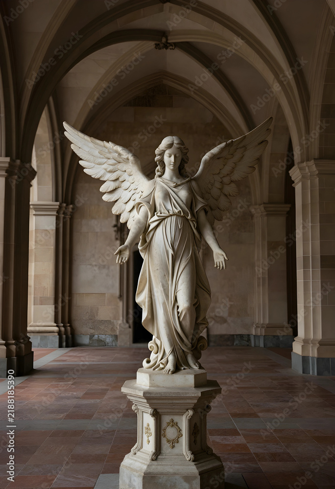 Fototapeta premium Spirituality and divine grace, marble angel statue with wings spread in a historic cathedral corridor for religious peace and afterlife contemplation