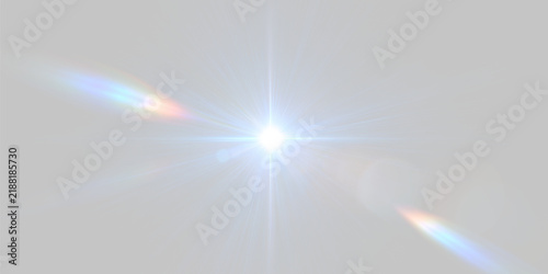A bright intense blue light burst radiates vivid rays and colorful streaks against a dark background. Lens flare effects create glowing highlights and dynamic visual energy across the scene.