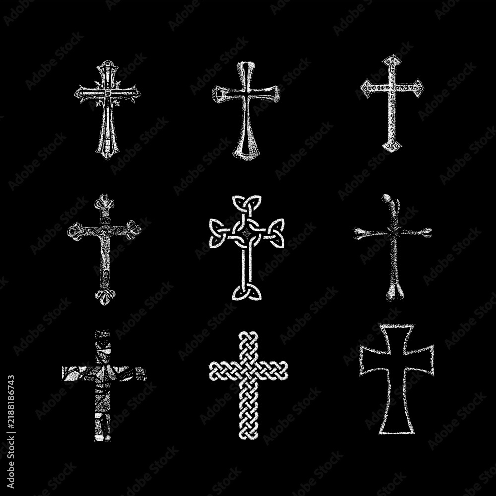 Fototapeta premium Hand-drawn monochrome vintage vector set of ornate Christian cross icons, including Celtic knot, bone, and gothic designs, rendered in detailed stippling and line art for religion, streetwear, etc.
