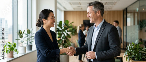 Business handshake, professional agreement, diverse colleagues, modern office, partnership success