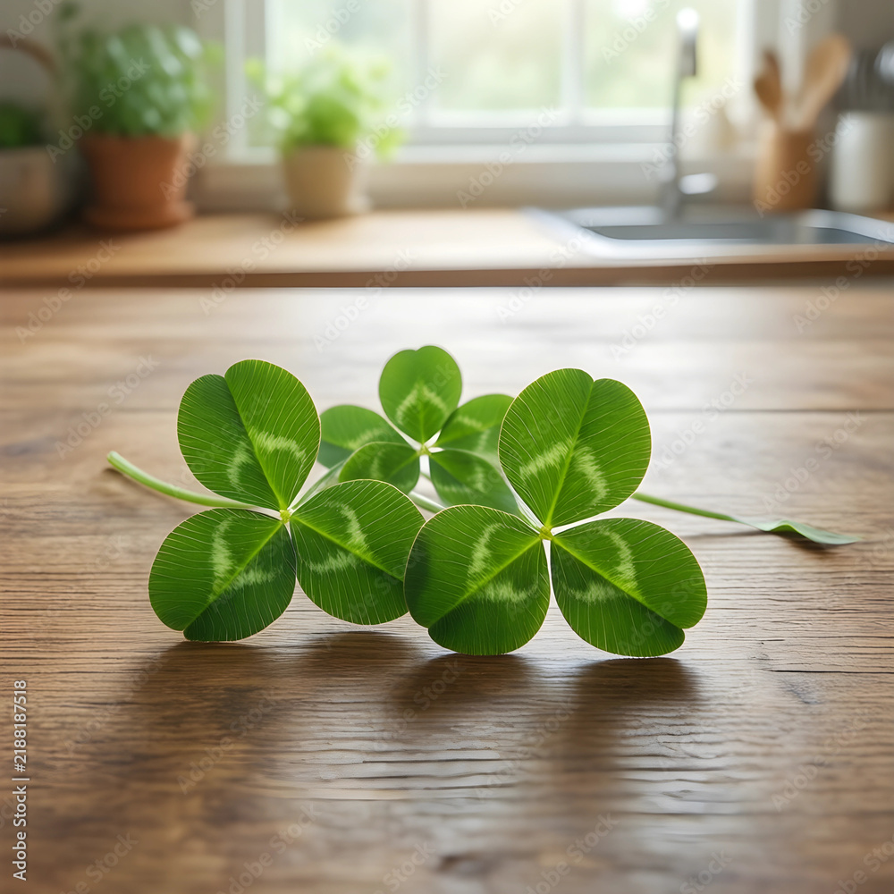 Obraz premium Good luck and fortune concept, fresh green clover leaves on a rustic wooden kitchen table with blurred home interior background for St. Patricks day