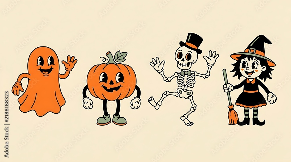 Fototapeta premium Vintage cartoon style halloween characters featuring ghost pumpkin skeleton and witch for festive holiday season designs