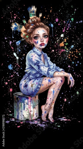 Tapety artystyczne Creative Female Artist Covered in Colorful Paint Splashes.