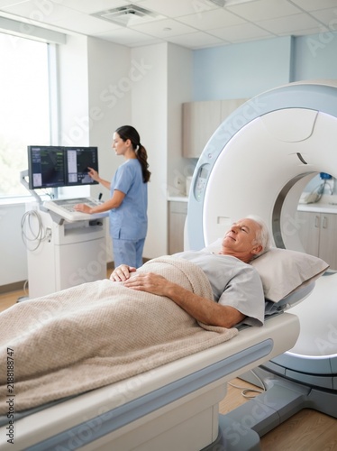 Elderly male patient lies on a scanner bed preparing for a CT scan while a nurse monitors equipment in a bright hospital examination room.