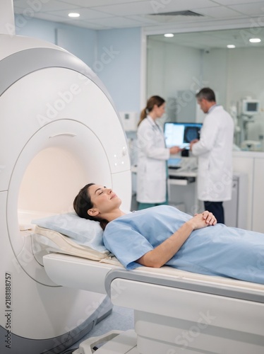 Female patient lies inside an MRI machine while medical staff in the background review diagnostic images for a healthcare examination.