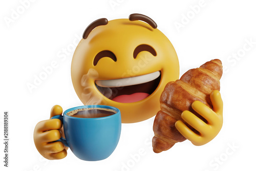 Cheerful 3d emoji character enjoying coffee and croissant with joyful expression