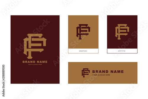 Interlocking letters F vintage athletic monogram logo design on brown brand identity set.
