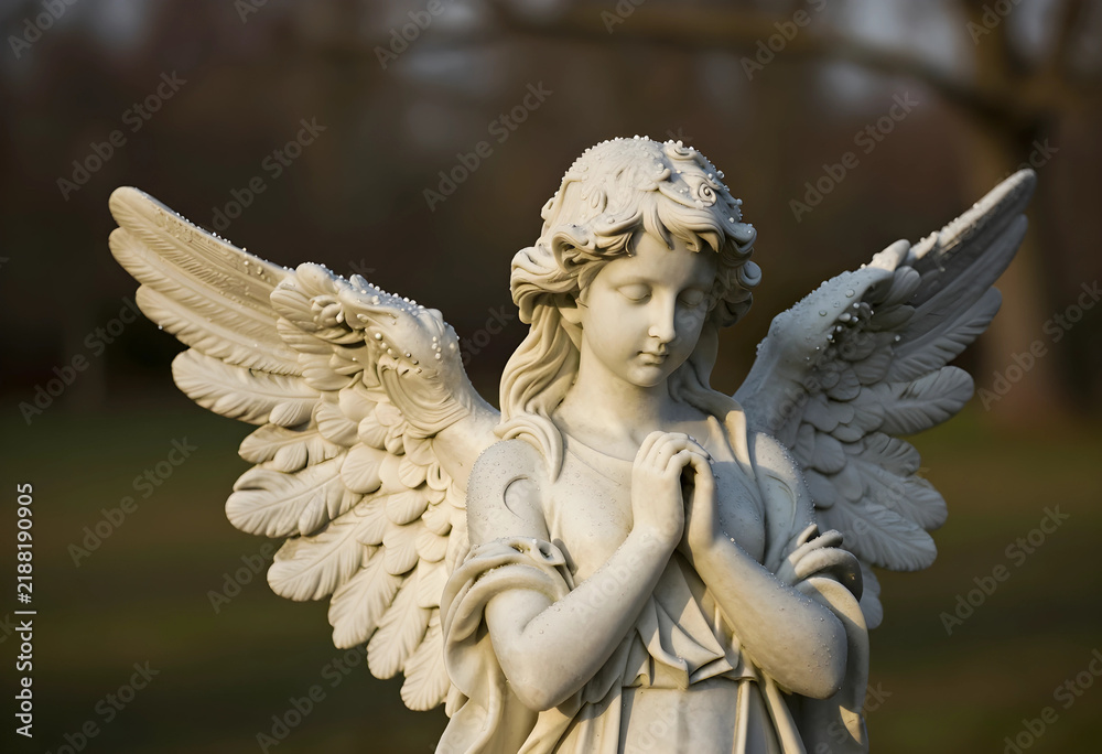 Fototapeta premium Grief and mourning concept, stone angel statue with praying hands in a cemetery, peaceful memorial for loss and remembrance in a quiet garden setting