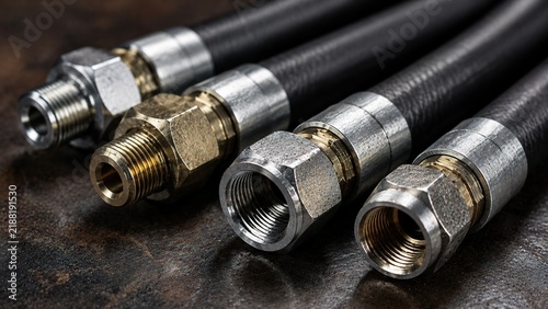 Detailed close up of premium hydraulic hoses featuring robust metal fittings set against a dark backdrop perfect for various industrial applications and maintenance tasks