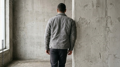 Man in Urban Jacket Leaning on Concrete Wall - Versatile Background for Social Media Ad Banner, Website Landing Page, Men's Fashion Presentation, and Minimalist Corporate Design Template.