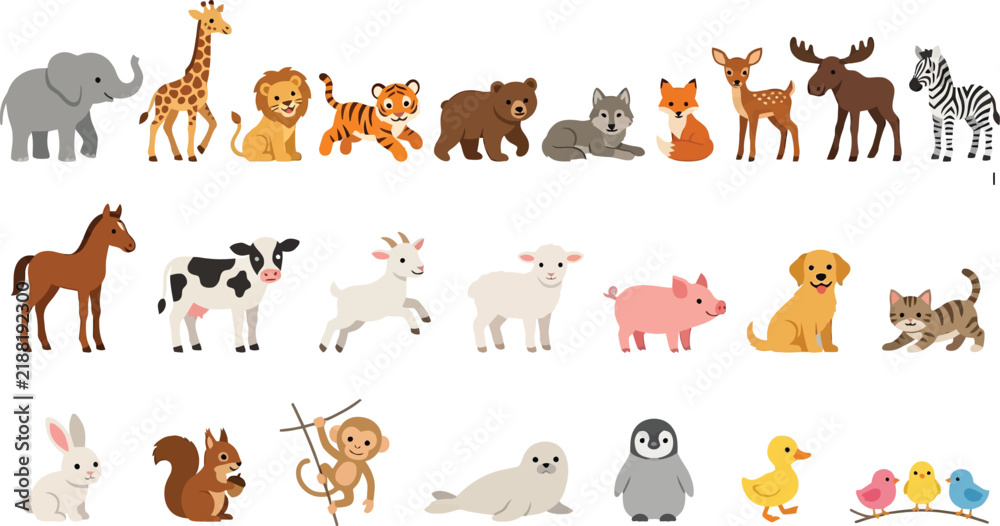 Obraz premium Collection of Diverse Farm and Wild Animals with Simple Background Vector Illustration