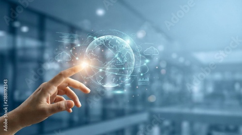 Hand Touching Glowing Digital Globe with Cloud Computing and Big Data Network Icons on Futuristic Blue Tech Background