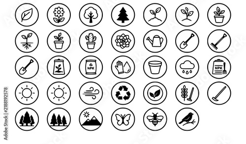 Black and White Circular Vector Icon Collection for Plants, Nature, Ecology and Gardening