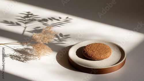 Round oat cookie on a ceramic plate with dried grass and foliage shadows