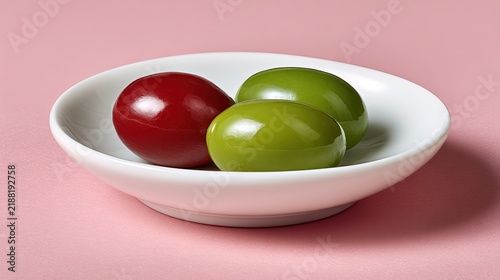 White ceramic bowl holding one red olive and two shiny green olives on a pink background