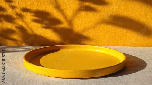 Yellow ceramic plate on a white cloth with a textured orange wall background