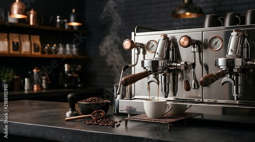 Professional espresso machine brewing fresh coffee in a dark cafe kitchen