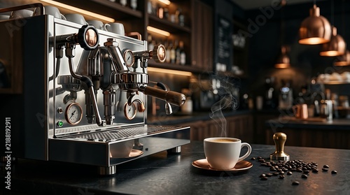 Professional espresso machine with coffee beans and a tamper on a counter