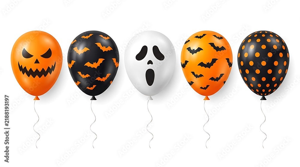 Fototapeta premium Five spooky Halloween balloons featuring pumpkin faces bats ghostly patterns and vibrant orange and black colors