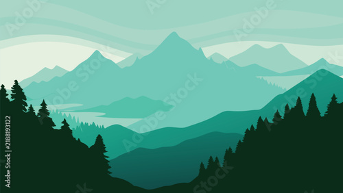 Misty mountain range vista with evergreen forest in foreground during dawn vector illustration