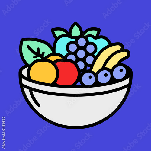 Fruit bowl icon with fresh mixed fruits on a blue background.