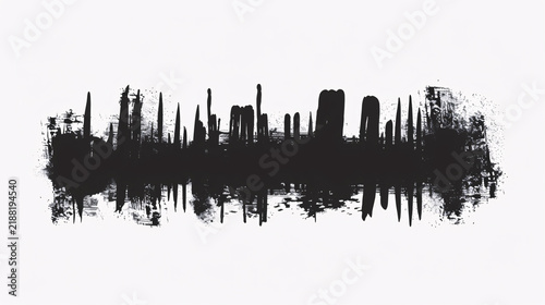 Black ink brush stroke city skyline silhouette on white background