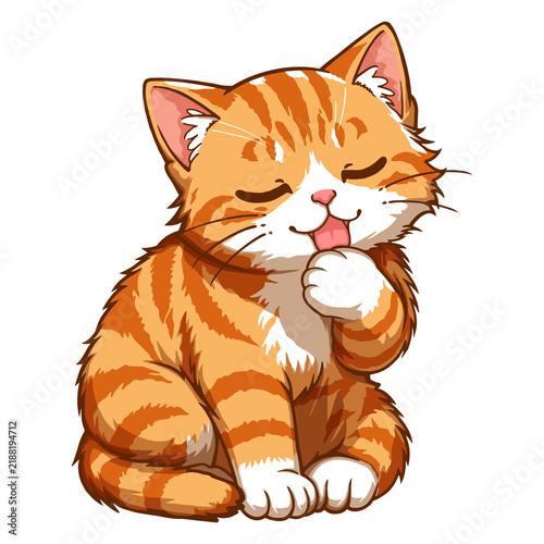 Quadro su tela Cute Orange Cat Cartoon Character with Closed Eyes and Raised Paw