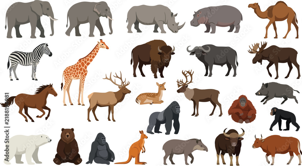 Obraz premium Diverse African and North American Wildlife Collection in Flat Vector Illustration Style