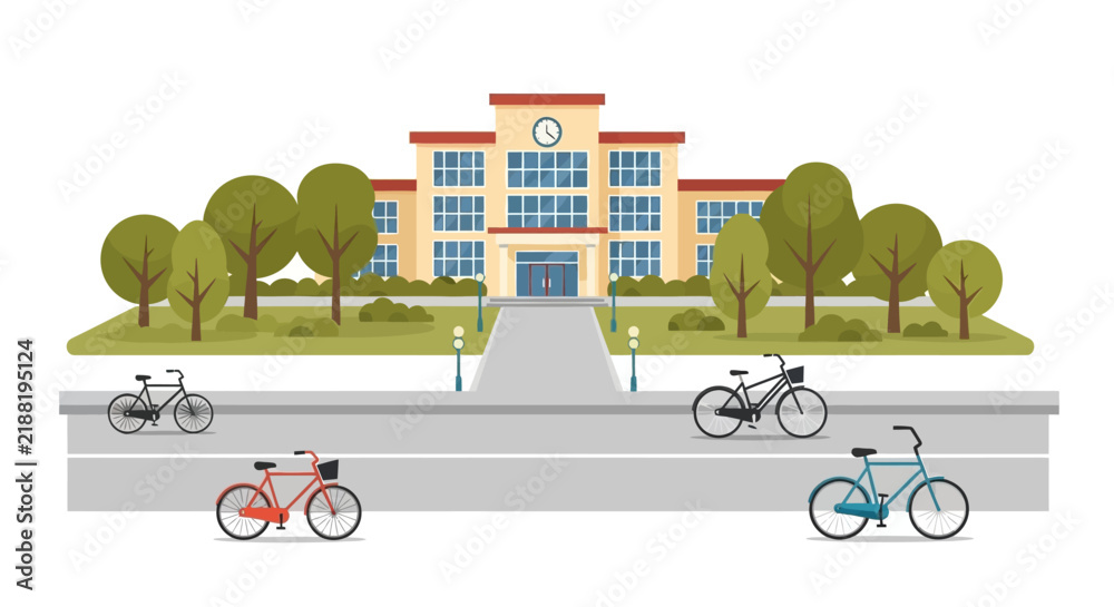 Obraz premium Illustration of a modern school building with bicycles and trees