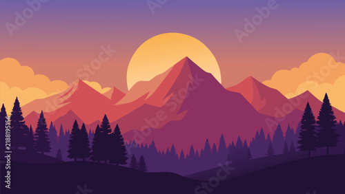 Vibrant sunset over majestic mountains with pine trees and clouds in a stylized vector landscape