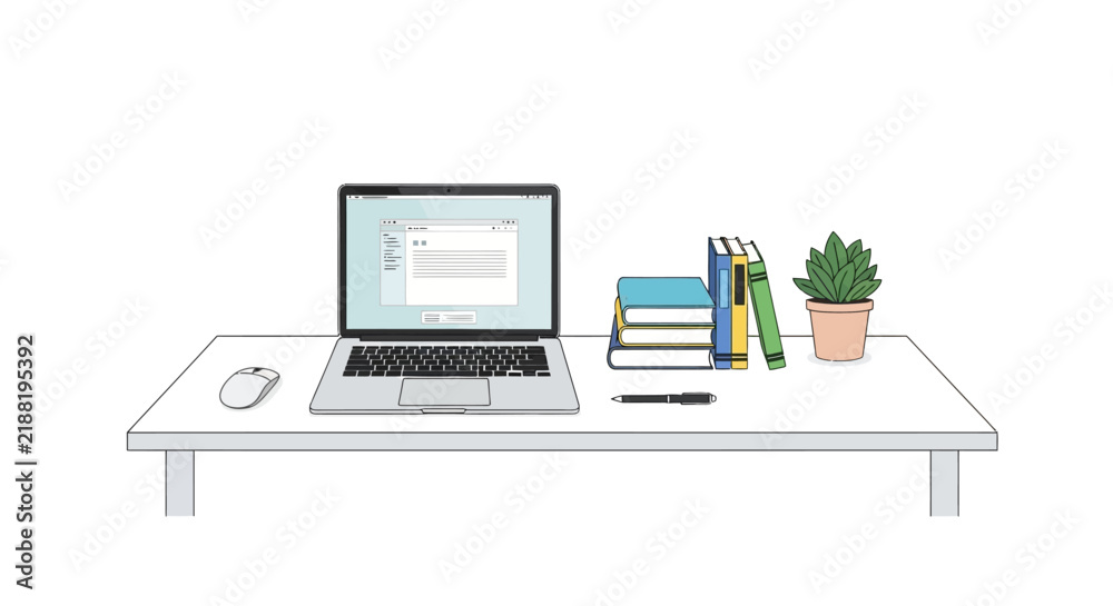 Fototapeta premium Minimalist workspace with laptop, books, and plant on white desk